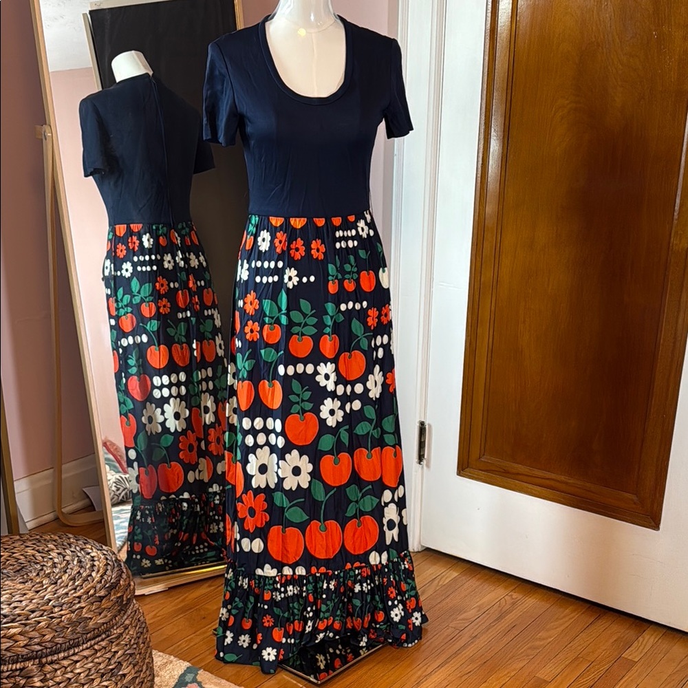 Vintage Leslie Fay navy and cherry Red Ruffled A-line Maxi Dress